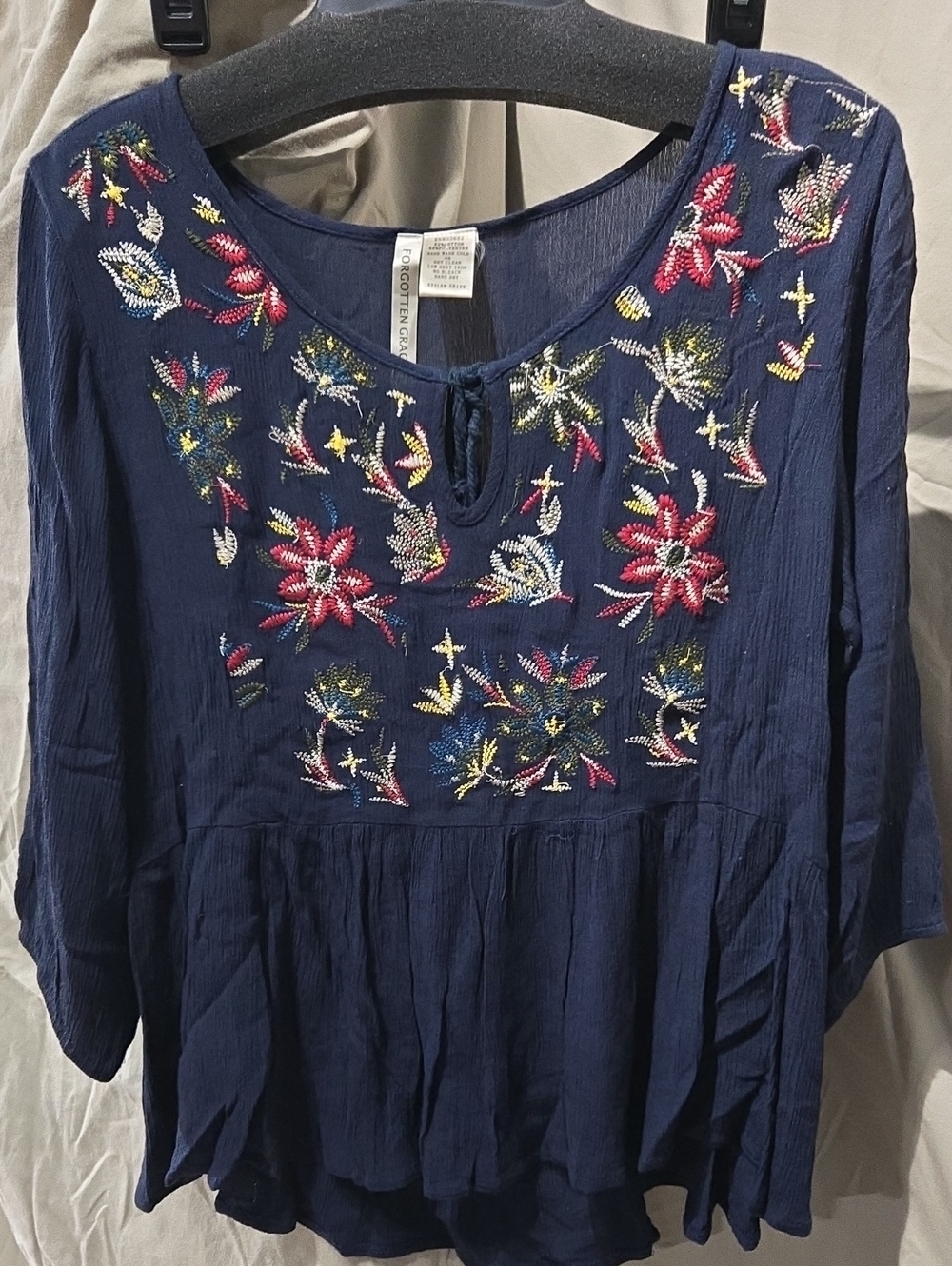 Embroidered Navy Boho Peasant Tunic with Floral Accents